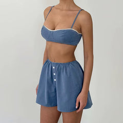 2025 Summer Crop Top Sleepwear with High Waist Shorts 2 Piece Sets Casual Spaghetti Strap Tops Pajamas Home Shorts Suits