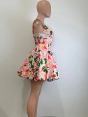 Stylish U Neck Floral Bubble Hem Mini Dress Summer Sundress Chic Women'S Sleeveless Flower Short Dress Vacation Outfits