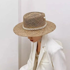 Summer Straw Hat Pearl Pin Women'S Summer Seaside Sunshade Hollow Groove Flat Top Straw Hat Sombrero 여성모자