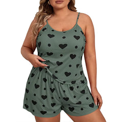 2025 Summer Women'S Heart Print Pajama Set Sleeveless Elastic Waist Shorts 2 Pieces Female Sleepwear Nightwear XL-5XL plus Size