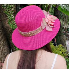 Fashion Women Summer New Women'S Sun Hat Bucket Cap Beige Lace Bowknot Flowers Ribbon Flat Top Straw Hat Beach Caps Panama Gift