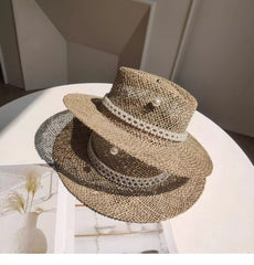 Summer Straw Hat Pearl Pin Women'S Summer Seaside Sunshade Hollow Groove Flat Top Straw Hat Sombrero 여성모자