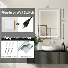32 Inch X 24 Inch Bathroom Anti-Fog Wall Mirror with Colorful Light
