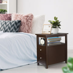 Set of 2 Narrow End Table W/2 Drawers Open Shelf Sofa Side Table for Living Room