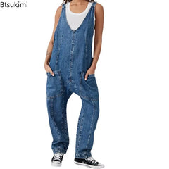 2025 Women'S Fashion Casual Denim Jumpsuits Splice Double Pockets Deep V-Neck Backless Suspenders Rompers One Piece Jeans Femme