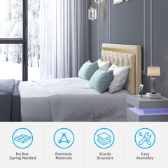 King Size Bed Frame, Upholstered Mattress Frame with Adjustable Headboard, Thin Velvet Bed Frame with Button Tufted Headboard for Bedroom (Beige)