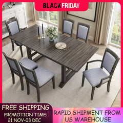 7-Piece Dining Table Set, 76.9Inch Extendable Trestle Dining Table with Upholstered Side Chair and Arm Chair, Dining Table Set
