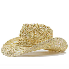 Straw Hats Cowboy Woven Hand Knitting Sun Hats Western Cowboy Hats Foldable Roll up Cap Travel Dresses Office Gift Men & Women