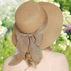 2Pcs Khaki Wave Beach Women'S Sun Hat and Woven Shoulder Bag Combined with a Stylish Ruffle Design Is Lightweight and Breathable