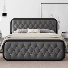 King Size Bed Frame Heavy Duty Bed Frame with Faux Leather Headboard Bedroom Furniture 12" Under-Bed Storage Black