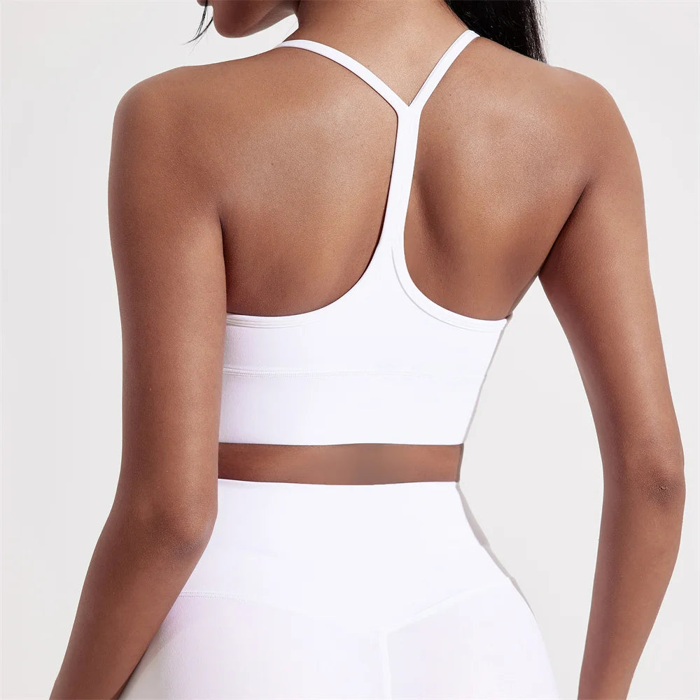 Solid Color Y Shape Line Women Fitness Sport Bra Top Soft Tight Comprehensive Training Jogging Gym Yoga Underwear with Chest Pad