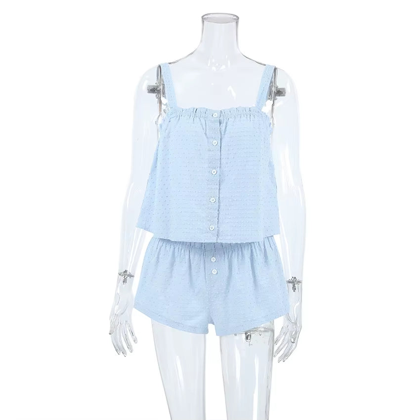 2025 New Summer Solid Color Suspender Top Shorts Home Wear Ladies Casual Cool Cotton Pajamas 2PCS Set Women'S Home Clothes