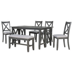 Dining Table Set for 6, Farmhouse Dining Table Set with Foldable Table, Bench & 4 Chairs, Kitchen Table Sets with Chairs, Dining Room Set for Home Apartment Dorm, Gray