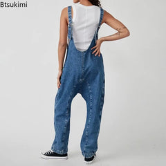 2025 Women'S Fashion Casual Denim Jumpsuits Splice Double Pockets Deep V-Neck Backless Suspenders Rompers One Piece Jeans Femme