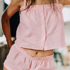 2025 New Summer Solid Color Suspender Top Shorts Home Wear Ladies Casual Cool Cotton Pajamas 2PCS Set Women'S Home Clothes
