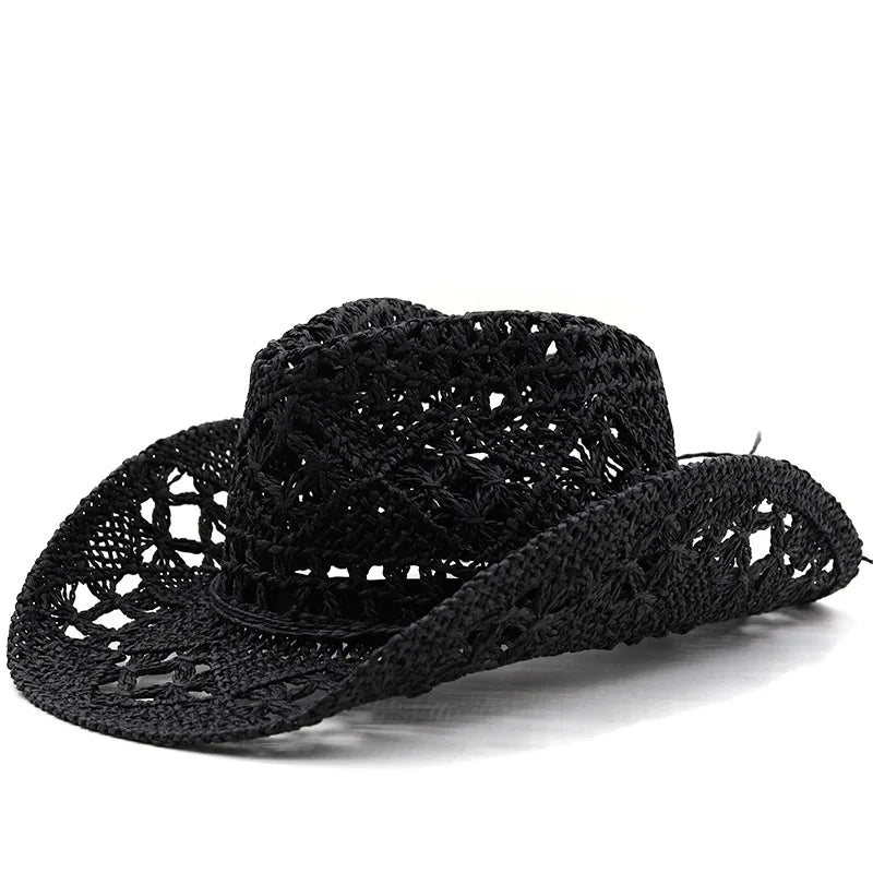 Straw Hats Cowboy Woven Hand Knitting Sun Hats Western Cowboy Hats Foldable Roll up Cap Travel Dresses Office Gift Men & Women