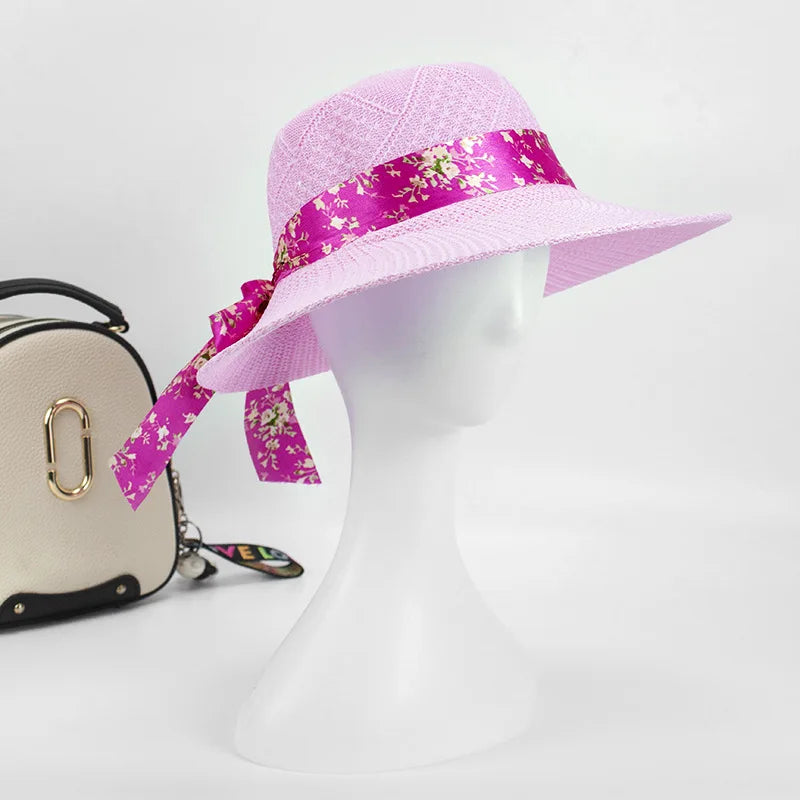 Summer Wide Brim Bowknot Straw Sun Hats for Women Ladies Long Floral Ribbon Outdoor Travel Beach Hat Protection Panama Caps 2022