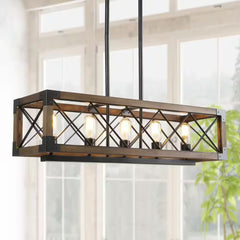 Colorado 5-Light Black Modern Farmhouse Rectangular Box Dining Room Chandelier Solid Wood Kitchen Island Chandelier
