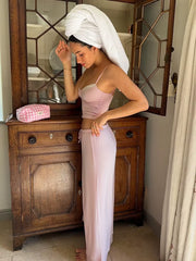 Cute Woman Pink Spaghetti Strap Bow Top Suit Elastic Drawstring Floor-Length Pants Sets V-Neck Home Pullover Pajama Outfit