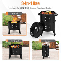 3-In-1 Charcoal BBQ Grill Cambo with Built-In Thermometer