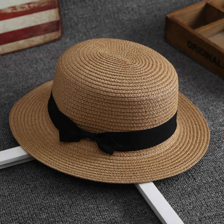 1 Pc Panama Simple Summer Beach Hat Female Casual Lady Women Flat Brim Bowknot Straw Cap Girls Sun Hat Chapeu Feminino