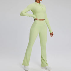 Women'S 2Pcs Yoga Suit Tight Fitting Sports Set Workout Breathable Fitness Bra Gym Long Sleeve Crop Top Bell-Bottoms Leggings