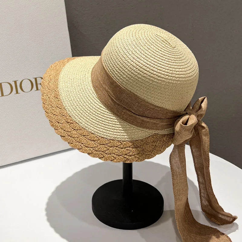 2025 Summer Women Large Bow Straw Hat Portablefoldable Holiday Beach Sun Visors Hand Wovensolid Color Female Sunshade Bonnet Cap