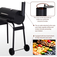 Charcoal Grills Outdoor BBQ Grill Offset Smoker with Wheels Side Fire Box Portable Barbecure Grill for Outdoor Cooking Backyard