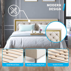 King Size Bed Frame, Upholstered Mattress Frame with Adjustable Headboard, Thin Velvet Bed Frame with Button Tufted Headboard for Bedroom (Beige)