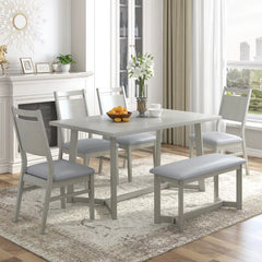 7-Piece Dining Table Set, 76.9Inch Extendable Trestle Dining Table with Upholstered Side Chair and Arm Chair, Dining Table Set