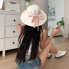 Women'S Summer Wide Brim Double Sided Sun Hat Plaid Lace up Fisherman Hat Uv Protection Bucket Hat Outdoor Travel Sunshade Cap
