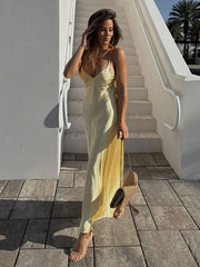Women Summer Yellow Stain V Neck Sling Dress Elegant Sleeveless Loose Maxi Robes 2025 New Ladies Party Holiday Dresses