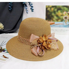 Fashion Women Summer New Women'S Sun Hat Bucket Cap Beige Lace Bowknot Flowers Ribbon Flat Top Straw Hat Beach Caps Panama Gift