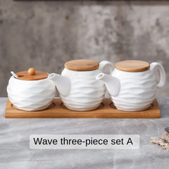 Ceramic Spice Jar Set-  Sugar Bowl Coffee Accessories With Bamboo Lid and Tray.