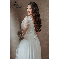 Long Sleeve V Neck Lace Appliques plus Size Wedding Dress for Women 2025 Overweight Bridal Gown Customzied Robe Mariee Boheme