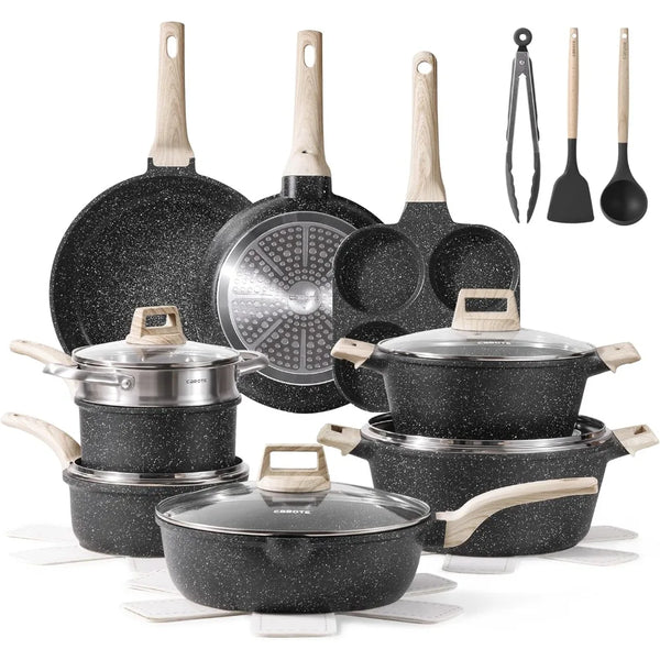 21Pcs Pots and Pans Set Nonstick, Cookware Set Black Granite Induction Kitchen Cooking Set W/Frying Pans