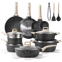 21Pcs Pots and Pans Set Nonstick, Cookware Set Black Granite Induction Kitchen Cooking Set W/Frying Pans