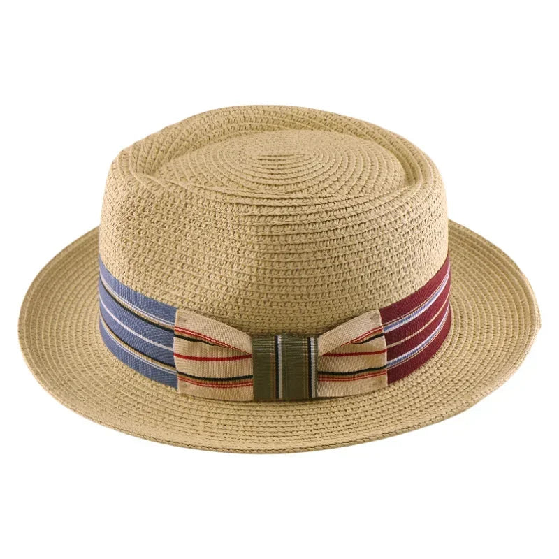2025 New Fedora Straw Hat with Wide Striped Band, Woven Sun Hat for Men Women