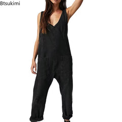 2025 Women'S Fashion Casual Denim Jumpsuits Splice Double Pockets Deep V-Neck Backless Suspenders Rompers One Piece Jeans Femme