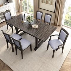 7-Piece Dining Table Set, 76.9Inch Extendable Trestle Dining Table with Upholstered Side Chair and Arm Chair, Dining Table Set