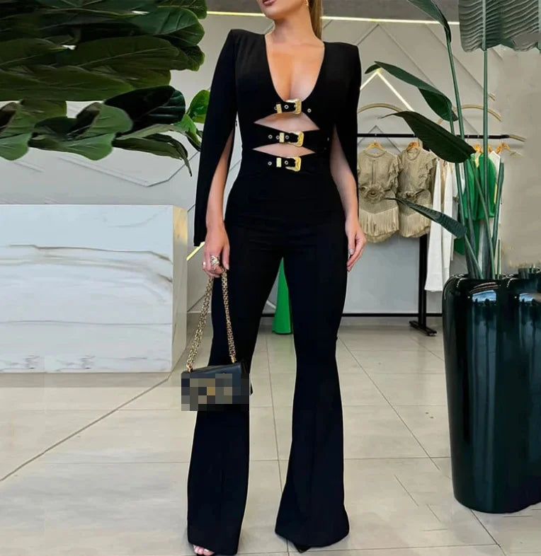 V-Neck Hollow Metal Buckle Decorative Jumpsuit, High Waisted Flared Pants, Tight Slit Sleeves, Solid Color Elegant Jumpsuit