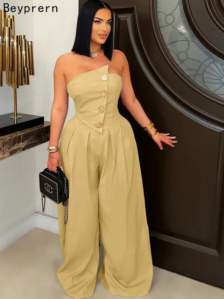New Chic Button Details Palazzo Jumpsuit One Piece Outfits Womens Ruched Strapless Wide Legs Jumpsuits Romper Clubwear