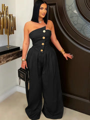 New Chic Button Details Palazzo Jumpsuit One Piece Outfits Womens Ruched Strapless Wide Legs Jumpsuits Romper Clubwear