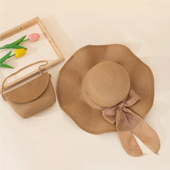 2Pcs Khaki Wave Beach Women'S Sun Hat and Woven Shoulder Bag Combined with a Stylish Ruffle Design Is Lightweight and Breathable