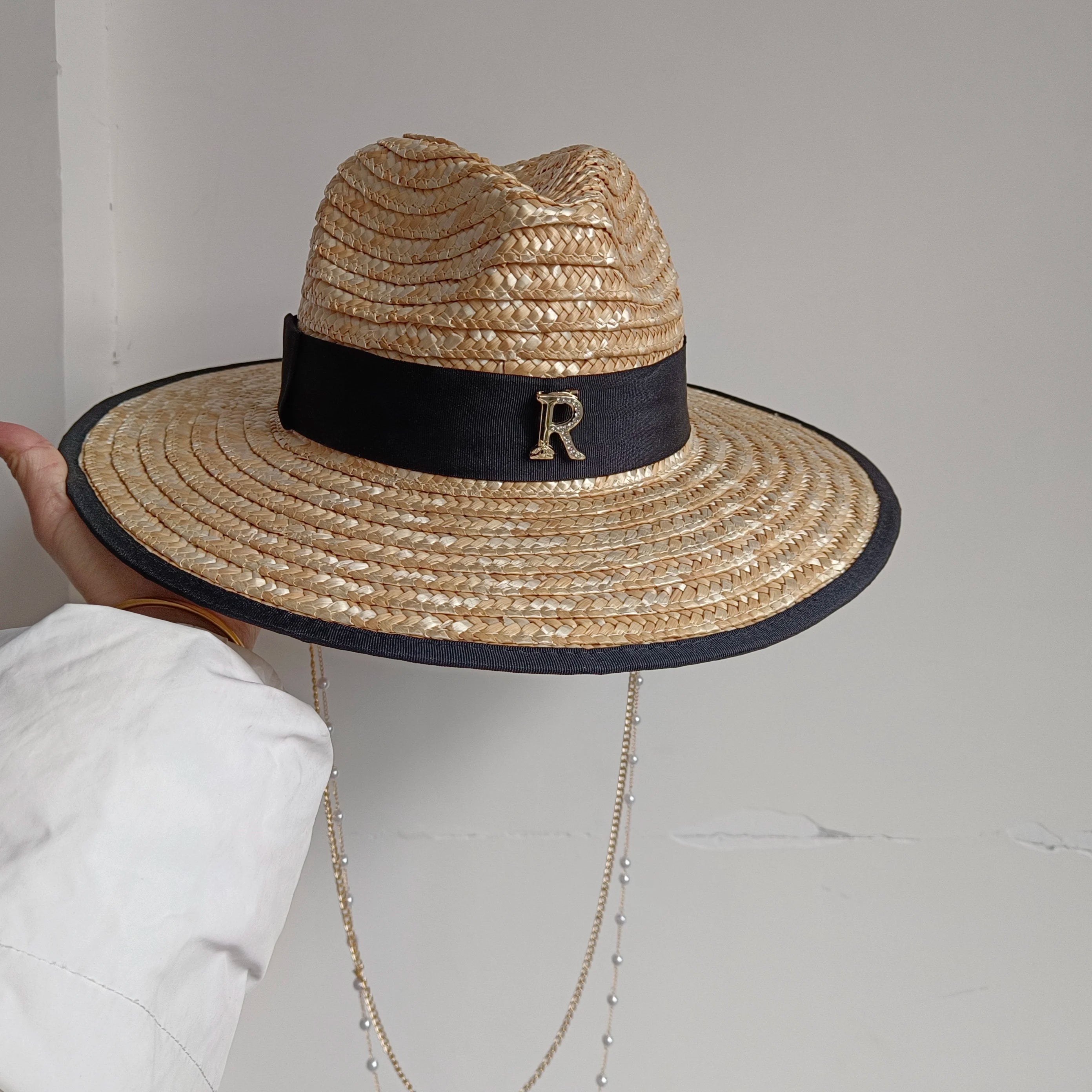 Summer Straw Hat Pearl Pin Women'S Summer Seaside Sunshade Hollow Groove Flat Top Straw Hat Sombrero 여성모자