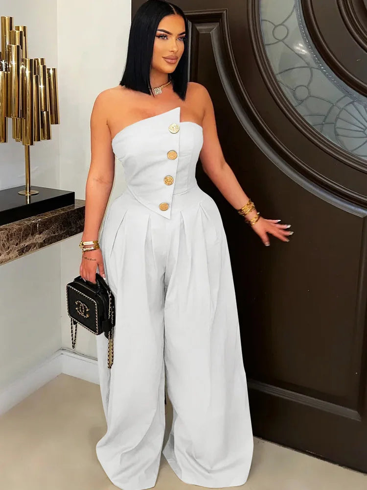 New Chic Button Details Palazzo Jumpsuit One Piece Outfits Womens Ruched Strapless Wide Legs Jumpsuits Romper Clubwear