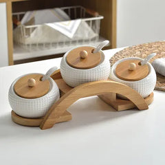 Ceramic Spice Jar Set-  Sugar Bowl Coffee Accessories With Bamboo Lid and Tray.