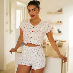Pajamas Button Lace Short Sleeve Shorts Slim Sexy Fashion Home Wear Two Sets for Women Nightclothes