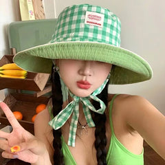 Women'S Summer Wide Brim Double Sided Sun Hat Plaid Lace up Fisherman Hat Uv Protection Bucket Hat Outdoor Travel Sunshade Cap