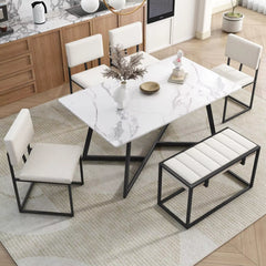 7-Piece Dining Table Set, 76.9Inch Extendable Trestle Dining Table with Upholstered Side Chair and Arm Chair, Dining Table Set